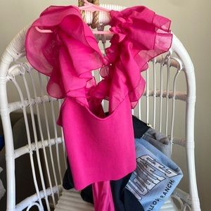 Super cute preppy pink top with puffy sleeves and a big bow in the back